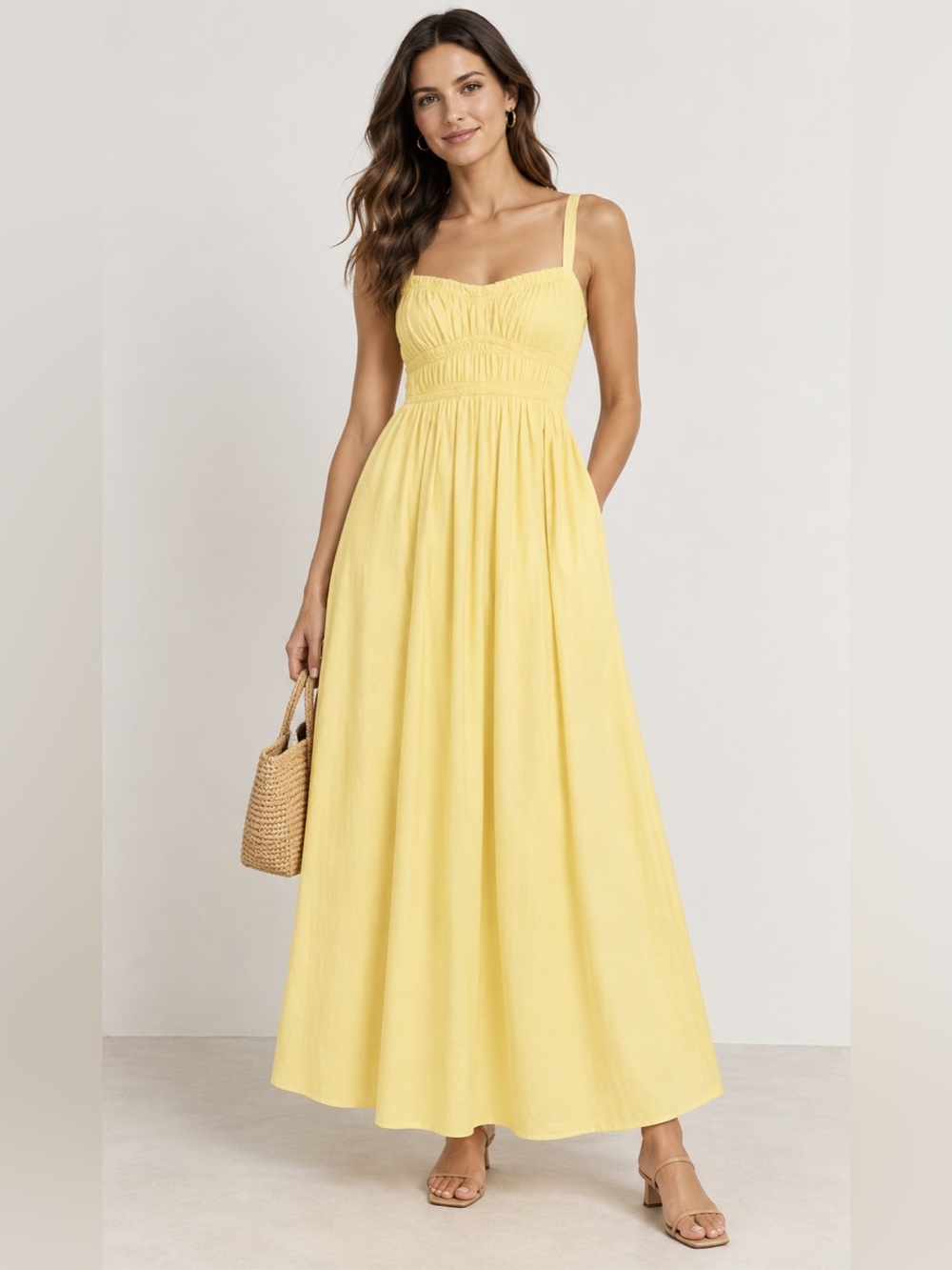 NWT Boss Orange by Hugo Boss
Dalza Shirred Cotton Maxi Dress in Yellow. $248